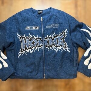 BoohooMAN Boxy Boucle Bomber with Embroidery Flame Jacket Blue Men's SZ XS